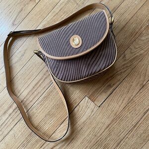 Mark Cross beige and purple canvas saddle bag